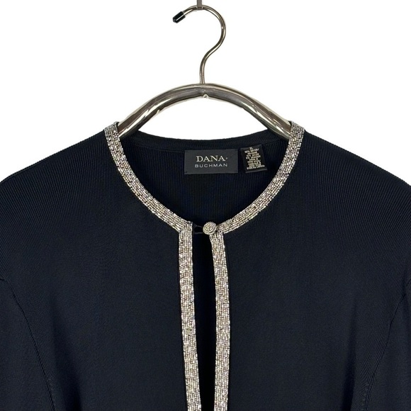 DANA BUCHMAN BEADED STRETCH BLACK DRESSY OPEN FRONT CARDIGAN SWEATER - Picture 4 of 10